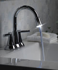 Lit Water Powered LED Light Bathroom Faucet With High Arc And Two Handles Polished Chrome Finish Modern Sink Tap in use