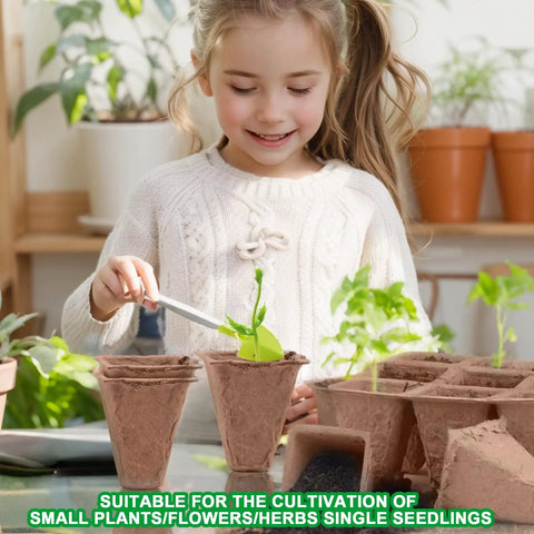 Child planting in Seed Starter Tray Kit With 240 Cell Biodegradable Peat Pots For Seedlings, with trays and transplant tool.