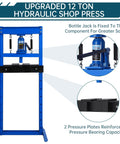 12 Ton Hydraulic H Frame Shop Press With Dual Press Plates for automotive repairs and metal fabrication, blue.