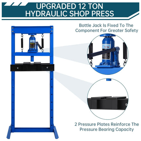 12 Ton Hydraulic H Frame Shop Press With Dual Press Plates for automotive repairs and metal fabrication, blue.