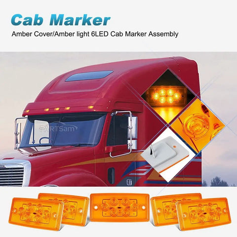 Freightliner Cab Marker Light Kit With Five Amber Rectangular Six LED Roof Top Markers And Two Teardrop Amber Sleeper Markers