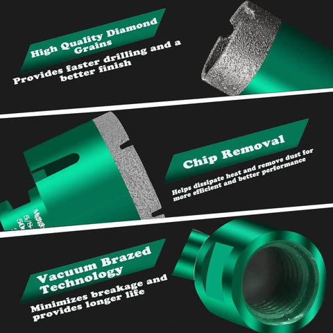 Green Mgtgbao diamond core drill bit, 3/16 in (5 mm) with 5/8-11 thread for dry drilling porcelain tile and stone