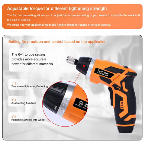 Cordless Electric Screwdriver 3.6V Rechargeable With 2000mAh Battery, two position handle, shown with torque setting display