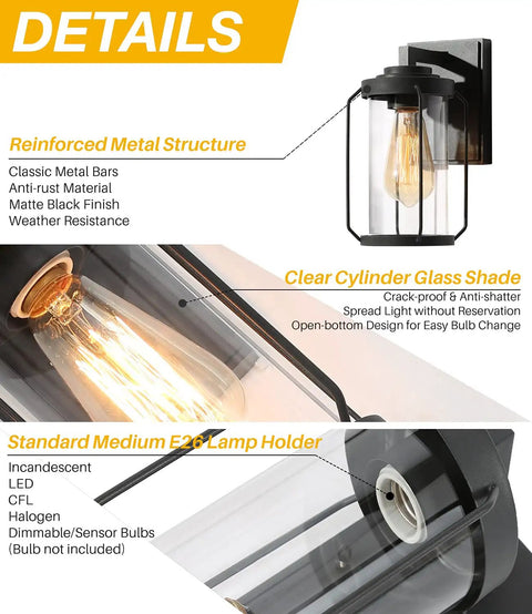 Details of Two Pack Matte Black Outdoor Wall Lights With Clear Glass For Front Door, Garage, And Yard, showing structure and glass shade.