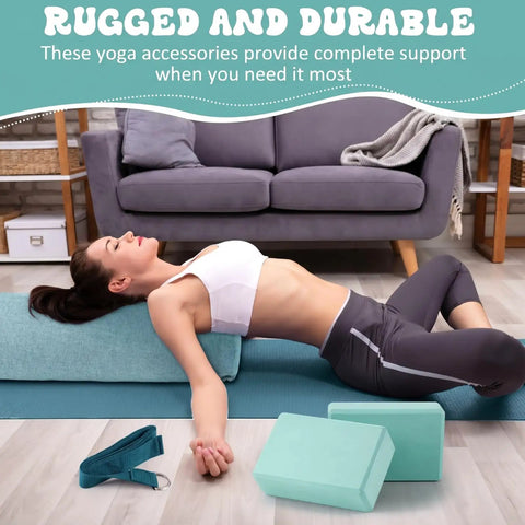All In One Yoga Bolster Set With Blocks And Strap, Restorative Meditation Kit With Carry Handle, Non Slip, Washable Cover, Durable Sponge Bolster And Two Blocks For Balance, Pilates, Stretching, Green used for floor stretching