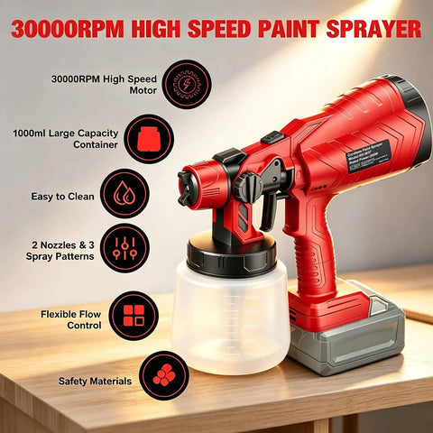 Cordless Hvp Paint Sprayer With 1000Ml Cup And 30000 Rpm Copper Motor on a table, highlighting its features and design.