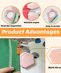 Three-pack magnetic seam guides for sewing machines; pink and mint-green hexagonal guides with scale, shown installed on sewing machine.