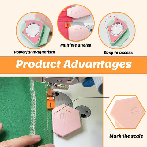 Three-pack magnetic seam guides for sewing machines; pink and mint-green hexagonal guides with scale, shown installed on sewing machine.