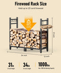 Heavy Duty 34 Inch Firewood Rack For Indoor And Outdoor Use With Log Carrier And Kindling Hooks, shown with firewood
