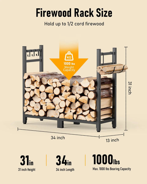 Heavy Duty 34 Inch Firewood Rack For Indoor And Outdoor Use With Log Carrier And Kindling Hooks, shown with firewood