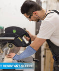 Level 5 Cut Resistant Arm Sleeves With Thumb Hole, Tough As Nails HPPE Forearm Guards For Kitchen And Workshop, Real Deal Slash Shield For Sensitive Skin, 1 Pair Blue Small, worn by a worker using a miter saw.