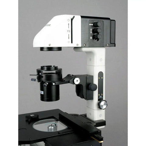Inverted Trinocular Microscope With Long Working Distance And 40x-600x Magnification, WH10x Super Widefield Eyepieces Brightfield And Phase Contrast Objectives 30W Halogen Illumination, 0.3/0.5 NA Kohler Condenser, Mechanical Stage, 90-240V side view