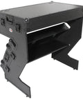 Hardcore Portable Compact Flight Case Table Built For Mobile DJs And Gig Crews Featuring Tough Handles Easy Glide Wheels Glossy Black Top with open shelves.