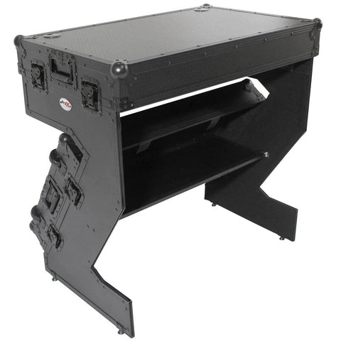 Hardcore Portable Compact Flight Case Table Built For Mobile DJs And Gig Crews Featuring Tough Handles Easy Glide Wheels Glossy Black Top with open shelves.
