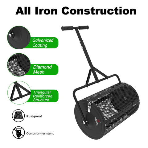 Heavy Duty 24 Inch Compost Spreader For Lawn And Garden With All Iron Build, Galvanized Finish, Mega 2.7 Cu Ft Mesh Basket