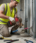 Man using Heavy Duty Electrician Wire Puller Drill Powered Cable Tugger Tool For Conduit Wiring, installing electrical wires.