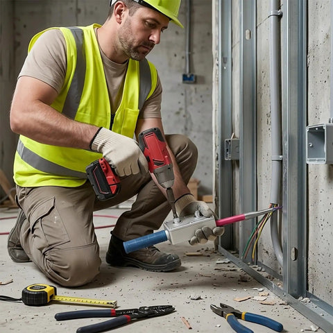 Man using Heavy Duty Electrician Wire Puller Drill Powered Cable Tugger Tool For Conduit Wiring, installing electrical wires.