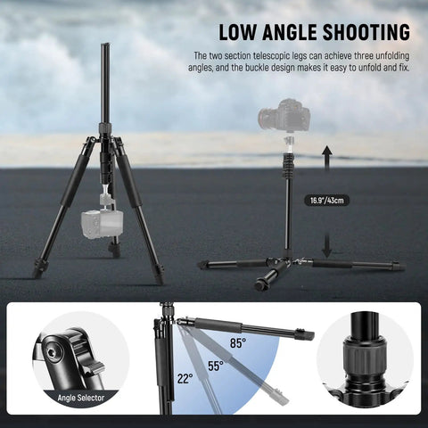 Versatile Aluminum Photography Light Stand 1.5 to 6.4 Feet Telescoping Tripod With Reversible Head for low angle shooting.
