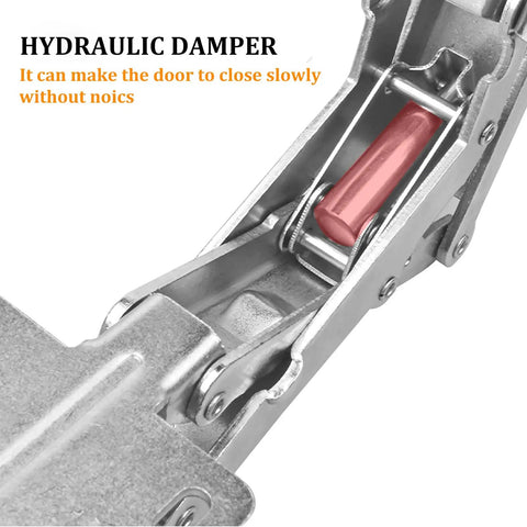 Close-up of 2 Pack 170 Degree Soft Close Cabinet Hinge Hidden Frameless Door Hardware Surface Mount Self Closing with hydraulic damper.