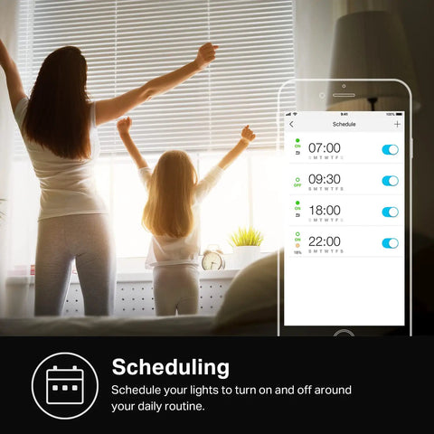 Apple HomeKit Smart Dimmer Switch KS220P3 app showing scheduling feature on smartphone with woman and child in background.