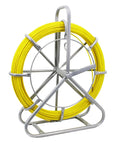 4.5mm 350ft Fiberglass Duct Rodder Fish Tape with Steel Reel Stand for Easy Cable Runs, yellow reel on metal stand