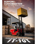Heavy Duty Side Loading Electric Forklift With 5000 Lb Capacity And Quick Charge Lithium Ion Battery lifting a box in a warehouse.