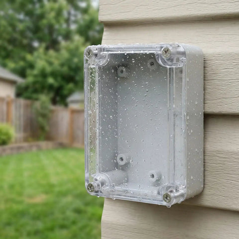 Top-Tier Waterproof Electrical Box Set With Abs Cover For Outdoor Security Modules And Internal Circuits To Keep Stuff Dry And Safe From Rain Sun Or Dust mounted on a wall with raindrops on it.