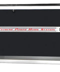 Fully Assembled 72 Inch Heavy Duty Workshop Hutch With Stainless Steel Top And Smooth Roller Slides Black High Gloss Finish showing side with power strip.