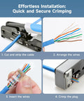Installation steps for Cat6 Pass Through RJ45 Connectors 100 Pack Gold Plated 50 Micron For Solid Or Stranded UTP Ethernet Cable 23-24 AWG.
