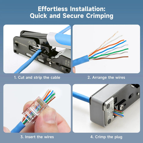 Installation steps for Cat6 Pass Through RJ45 Connectors 100 Pack Gold Plated 50 Micron For Solid Or Stranded UTP Ethernet Cable 23-24 AWG.