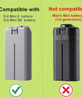 Image showing compatible DJI Mini 2 and SE battery next to non-compatible Mavic Mini Gen 1 battery for 6 In 1 Battery Charger For DJI Mini 4K Mini 2 Mini SE Mini 2 SE Drones Rapid Parallel Charging Hub Powers Four Batteries And Remote Control Station For Quick Power Up Not For Mavic Mini Gen 1
