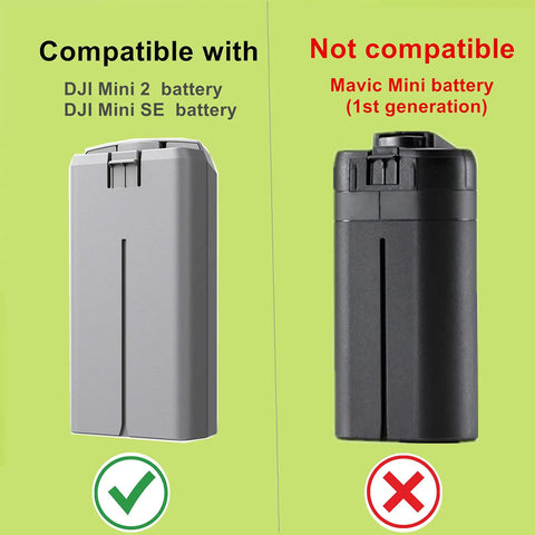 Image showing compatible DJI Mini 2 and SE battery next to non-compatible Mavic Mini Gen 1 battery for 6 In 1 Battery Charger For DJI Mini 4K Mini 2 Mini SE Mini 2 SE Drones Rapid Parallel Charging Hub Powers Four Batteries And Remote Control Station For Quick Power Up Not For Mavic Mini Gen 1