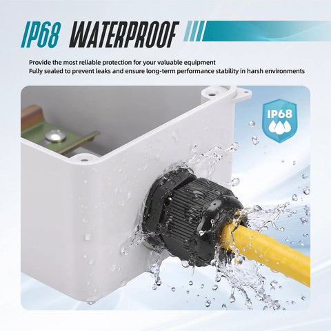 50 Pack Half Inch NPT Cable Glands IP68 Waterproof Nylon Strain Relief Cord Grips Connectors With Gaskets And Locknut Built Tough Weatherproof Wire Grommets For Electrical Industrial Wiring Black IP68 black nylon cable gland sealing a yellow cable on an electrical box