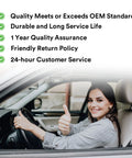 Woman in car giving thumbs up, next to customer service features list
