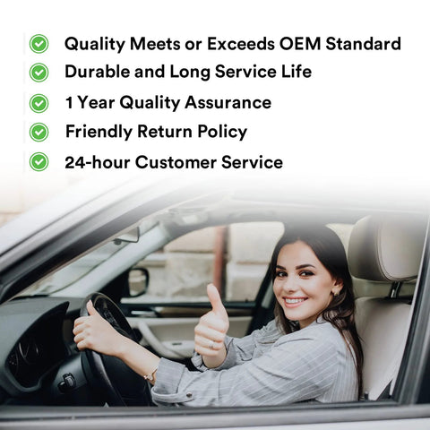 Woman in car giving thumbs up, next to customer service features list