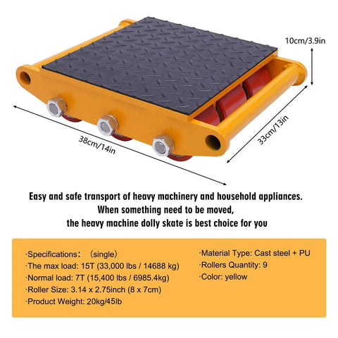 Heavy Duty Machine Dolly Skate With 15 Ton Capacity Moves Industrial Equipment And Warehousing Cargo Smoothly, yellow, steel, size 38cm x 33cm.