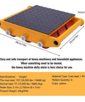 4 Pc Heavy Duty Machine Dolly Sleds With 15 Ton Capacity Each Rotating Steel Roller Caster For Moving Industrial Equipment And Heavy Loads Smooth Polyurethane Wheels For Warehouse Use, yellow cast steel dolly with rollers measuring 3.14 x 2.75 inch.