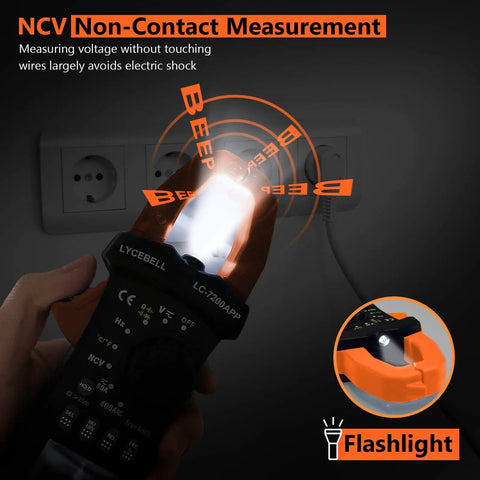 6000 Count Bluetooth Clamp Meter with TRMS Digital Multimeter showing NCV non-contact voltage measurement feature