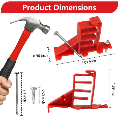 Goouu 40 Pcs Multi Cable Staples dimensions with hammer and nails, showcasing 3.01x1.89 inches red polyethylene design.