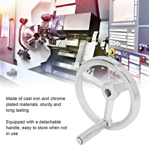 Lathe Handwheel 160mm Rotary Chrome Plated Cast Iron Round Wheel With Removable Handle 16mm Bore in industrial setting