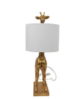 Distressed Gold Giraffe Table Lamp With White Linen Shade, Playful Resin Animal Accent Light shown from front view, 27.75 Inch Tall