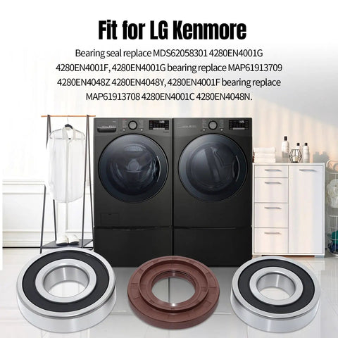 Premium Grade Washer Tub Bearing Seal Kit Replacement For LG And Kenmore Front Load Washers showing bearings and seals in modern laundry room setting.