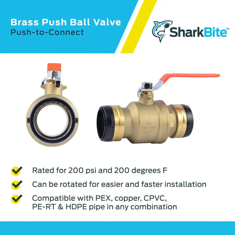 2 Inch Brass Push To Connect Ball Valve For PEX Copper CPVC PE-RT And HDPE Pipes shown with push-to-connect design