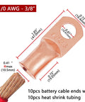 Beefed Up Heavy Duty One Zero AWG Battery Lugs Kit With Three Eighth Inch Ring Terminals Copper Lugs Closed End Connectors