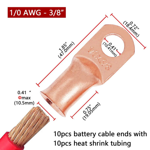 Beefed Up Heavy Duty One Zero AWG Battery Lugs Kit With Three Eighth Inch Ring Terminals Copper Lugs Closed End Connectors