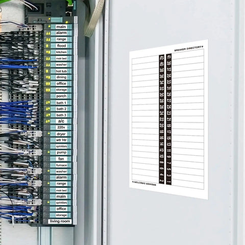 Five Pack Circuit Breaker Box Labels Waterproof Fuse Box Stickers Directory For Electric Panel Load Center Identification Adhesive Labels With Digital Dots For Up To 42 Entries installed on an electric panel.