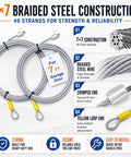 Heavy Duty Garage Door Cable Replacement Kit For 8.6 Foot Doors One Eighth Inch Galvanized Steel Cable Rust Resistant For Torsion Spring Systems And Opener Wires Two Pack Ideal For Residential Garages Easy Install And Smooth Lasting Operation shows braided steel construction with yellow loop ends for 7 ft garage door.