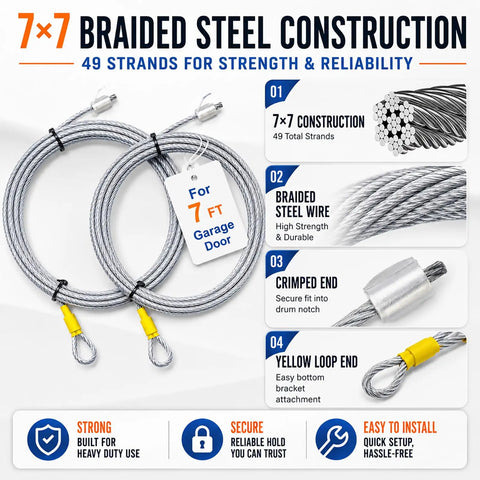 Heavy Duty Garage Door Cable Replacement Kit For 8.6 Foot Doors One Eighth Inch Galvanized Steel Cable Rust Resistant For Torsion Spring Systems And Opener Wires Two Pack Ideal For Residential Garages Easy Install And Smooth Lasting Operation shows braided steel construction with yellow loop ends for 7 ft garage door.