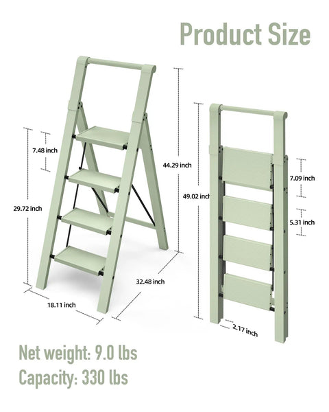 4 Step Foldable Aluminum Ladder That Doubles As A Lightweight Step Stool No Assembly Needed With Compact 2.1 Inches Folded Thickness And Reaches Up To 29.7 Inches For Easy Home Garage Use, open and folded size view