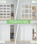 5 Foot 60 Inch Bypass Door Hardware Kit With Aluminum Double Closing Sliding Closet Doors, Finger Pull Included, shown in various rooms